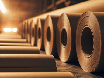 Industrial paper mill storage area with multiple large kraft rolls lined up in rows.