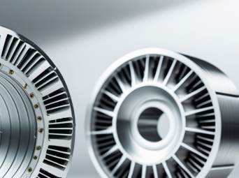 Close-up of two metallic turbine-like components with radial fins and circular openings.