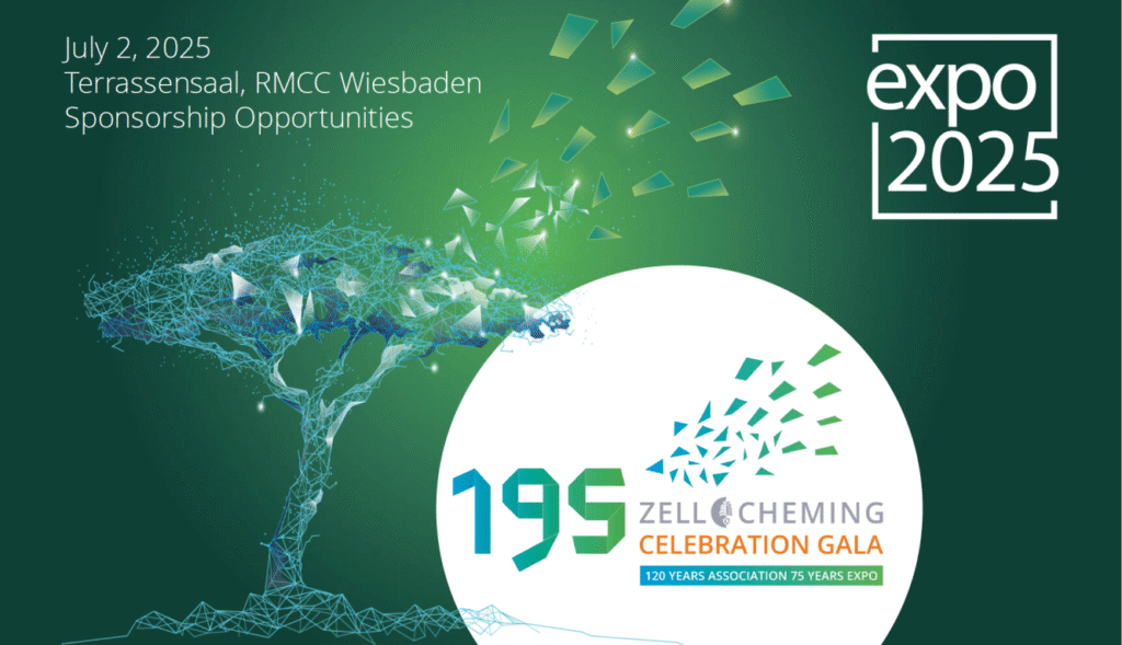 Promotional graphic for ZELLCHEMING Celebration Gala 2025 with digital tree illustration and event details for July 2, 2025, in Wiesbaden.