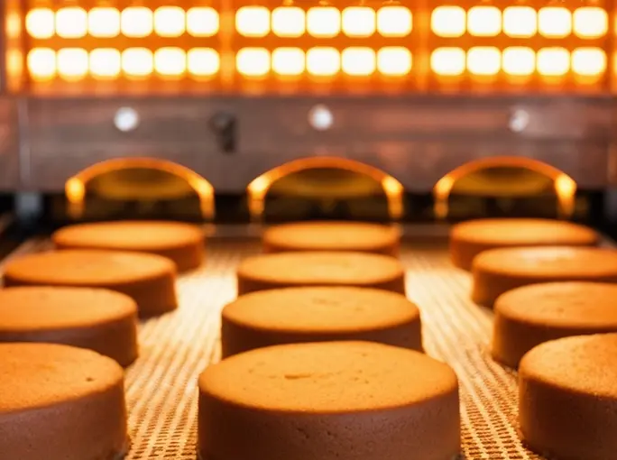 Rows of cheese rounds under infrared heaters in an industrial drying or baking tunnel.