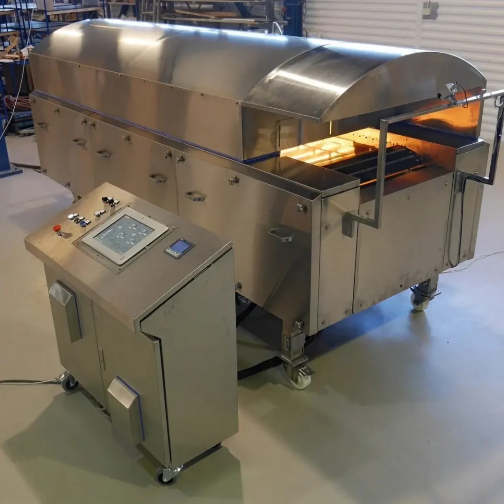 Stainless steel industrial heating tunnel with control panel on wheels.