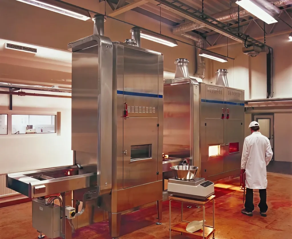 Stainless steel industrial drying and processing machines in a production facility, with a person in a lab coat standing next to it.