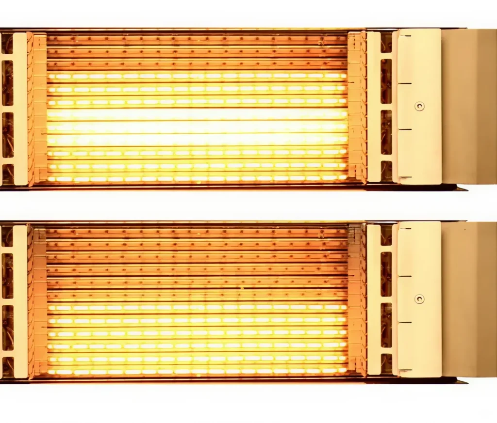 Two rectangular infrared heating units glowing bright yellow-orange, placed horizontally in parallel.