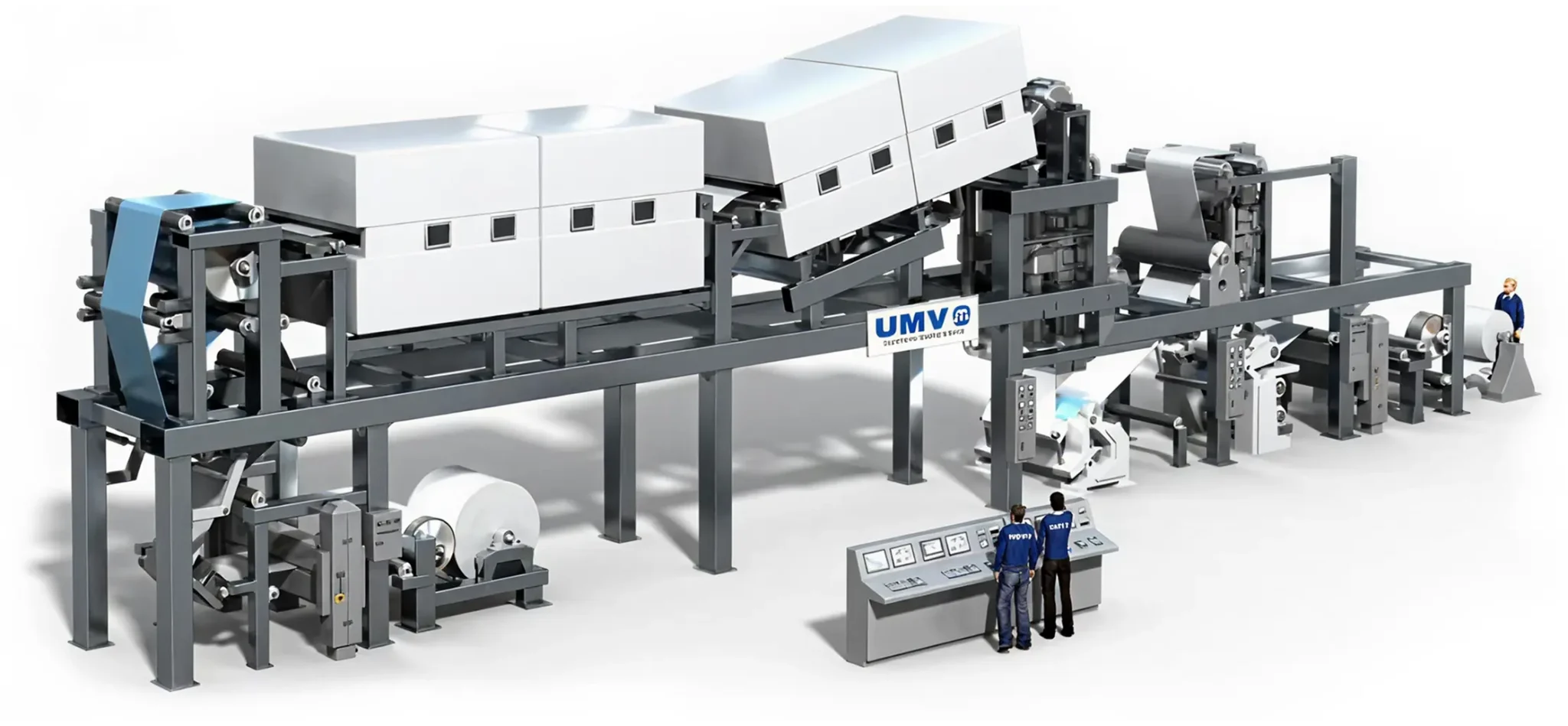 Rendering of industrial UMV machine with control panels and operators.