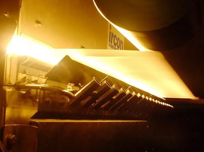 Close-up of an IR drying system with radiant heaters