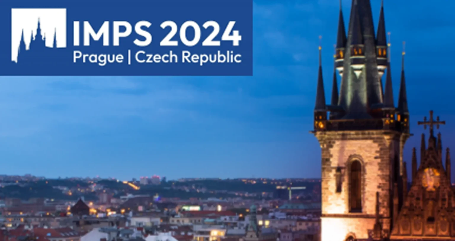IMPS 2024 logo over Prague skyline featuring illuminated historic towers.